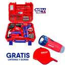 BARRENO INALAMBRICO, 12 VOLT. ROTACIONAL, KIT 88 PIEZAS, BATERIA, CARGADOR Y MALETA MAS LINTERNA Y GORRA. MARCA EMTOP