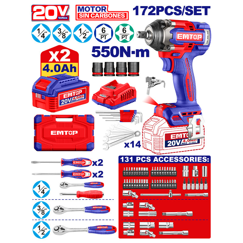 LLAVE DE IMPACTO INALAMBRICA 20V, 1/2 PLG, 550NM, MAS 172 PIEZAS PARA MECANICA, CON 2 BATERIAS 4 AH Y CARGADOR. EMTOP, ULEDK17202
