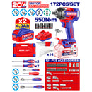 LLAVE DE IMPACTO INALAMBRICA 20V, 1/2 PLG, 550NM, MAS 172 PIEZAS PARA MECANICA, CON 2 BATERIAS 4 AH Y CARGADOR. EMTOP, ULEDK17202