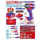 LLAVE DE IMPACTO INALAMBRICA 20V, 1/2 PLG, 550NM, MAS 172 PIEZAS PARA MECANICA, CON 2 BATERIAS 4 AH Y CARGADOR. EMTOP