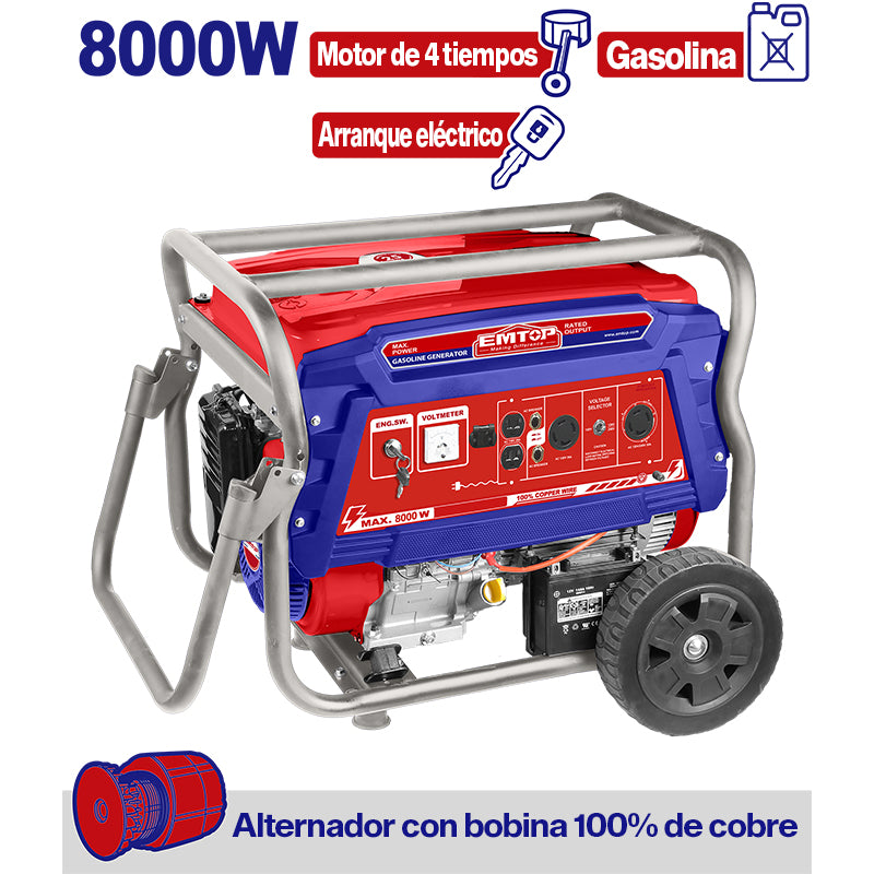 GENERADOR A GASOLINA 8,000 WATTS, MOTOR 420CC, ARRANQUE ELECTRICO Y MANUAL, TANQUE 25L, CON RUEDAS Y MANERAL. EMTOP, ULGGRD8011