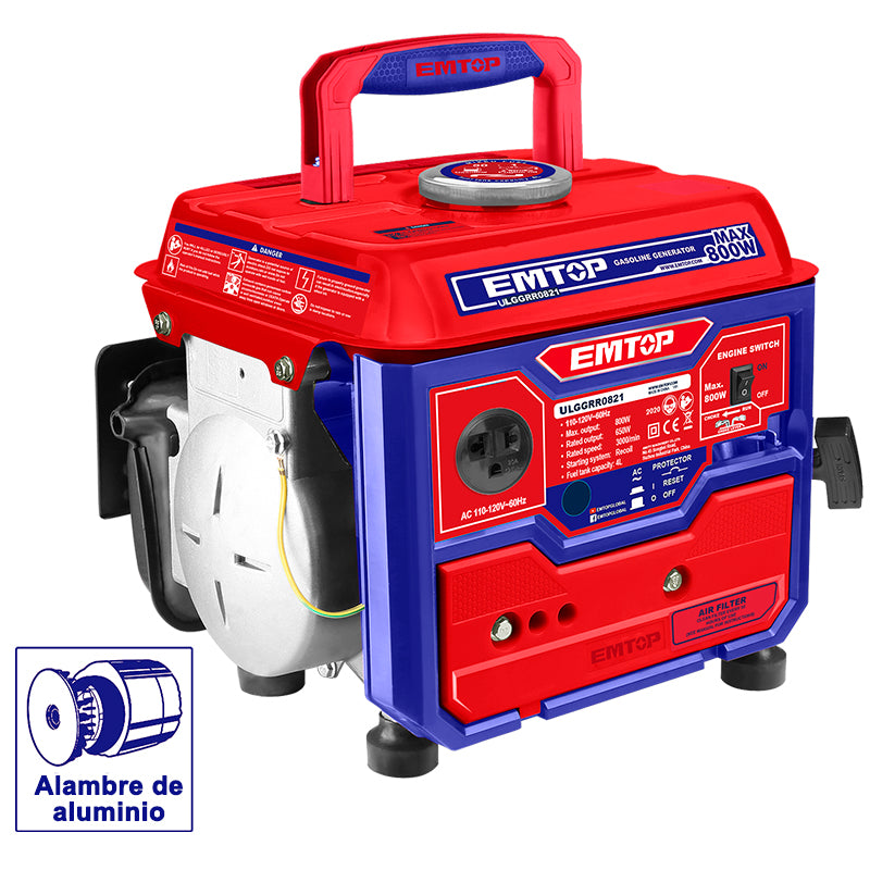 GENERADOR DE GASOLINA DE 800 WATTS, 110 VOLTIOS, 3600 RPM, EMTOP, ULGGRR0821