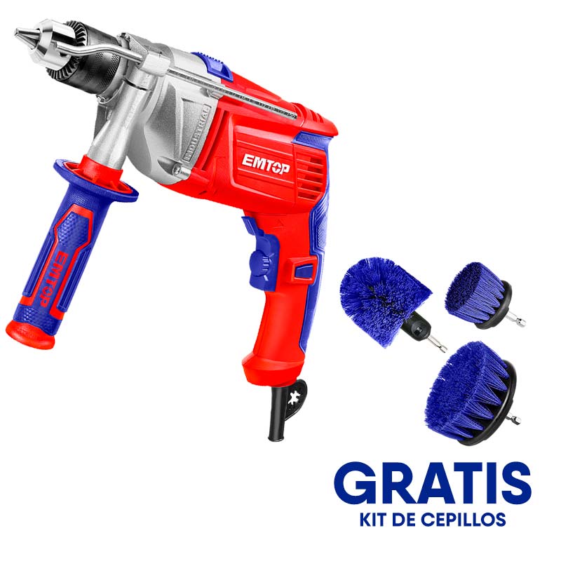 BARRENO/TALADRO PERCUTOR 1/2 PULGADA 1,100 WATTS, CONCRETO, METAL /MADERA, GRATIS KIT DE 3 CEPILLO PARA LIMPIEZA. EMTOP, ULMDL1101-OF