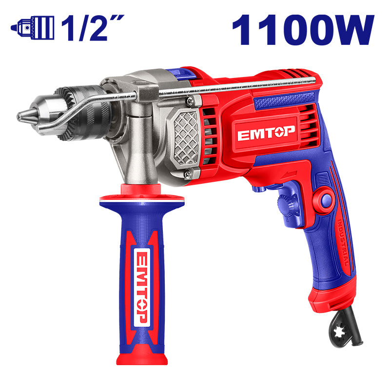 TALADRO PERCUTOR DE 1/2 PULG, 1,100 WATTS, CONCRETO, METAL Y MADERA. EMTOP, ULMDL1106