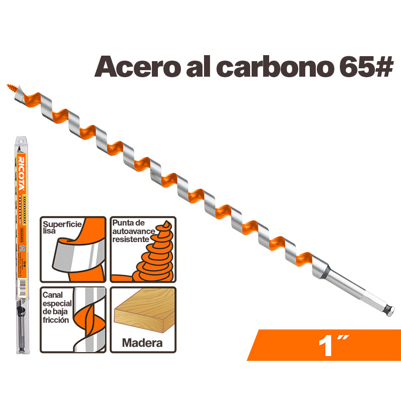 BROCA AUGER PARA MADERA 3/8 PLG X 18 PLG, DE ACERO AL CARBONO, VASTAGO HEXAGONAL DE 1/4 PLG, RICOTA, URAADB0101