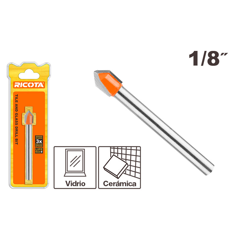 BROCA PARA VIDRIO Y AZULEJO 1/8 PLG, DE ACERO, PUNTA CARBURO DE TUNGSTENO YG6X, RICOTA, URAGDB0181
