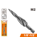 BROCA ESCALONADA HSS M2, RECUBRIMIENTO TITANIO NEGRO, MEDIDAS 1/8 A 1/2 PLG, VASTAGO HEXAGONAL 1/4 PLG, RICOTA.