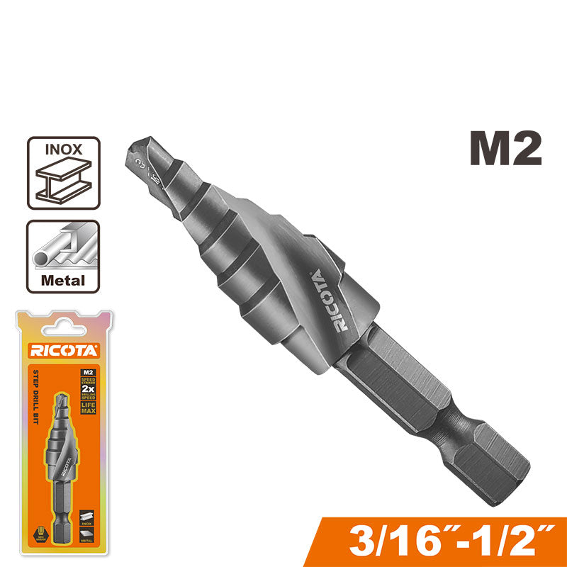 BROCA ESCALONADA HSS M2, RECUBRIMIENTO TITANIO NEGRO, MEDIDAS 3/16 A 1/2 PLG, VASTAGO HEXAGONAL 1/4 PLG, RICOTA, URASDL1402