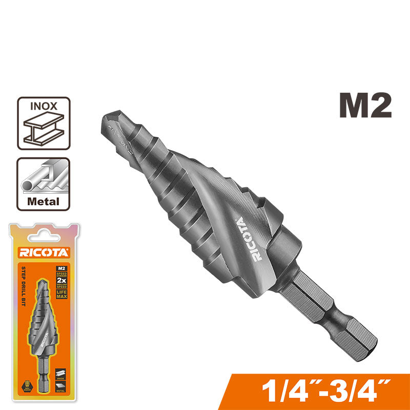 BROCA ESCALONADA HSS M2, RECUBRIMIENTO TITANIO NEGRO, MEDIDAS 1/4 A 3/4 PLG, VASTAGO HEXAGONAL 3/8 PLG, RICOTA, URASDL3801