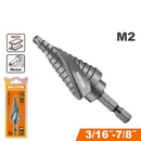 BROCA ESCALONADA HSS M2, RECUBRIMIENTO TITANIO NEGRO, MEDIDAS 3/16 A 7/8 PLG, VASTAGO HEXAGONAL 3/8 PLG, RICOTA.