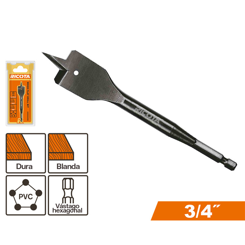 BROCA PALETA PARA MADERA 3/4 PLG, DOBLE FILO DE CORTE, RICOTA, URAWFD0403