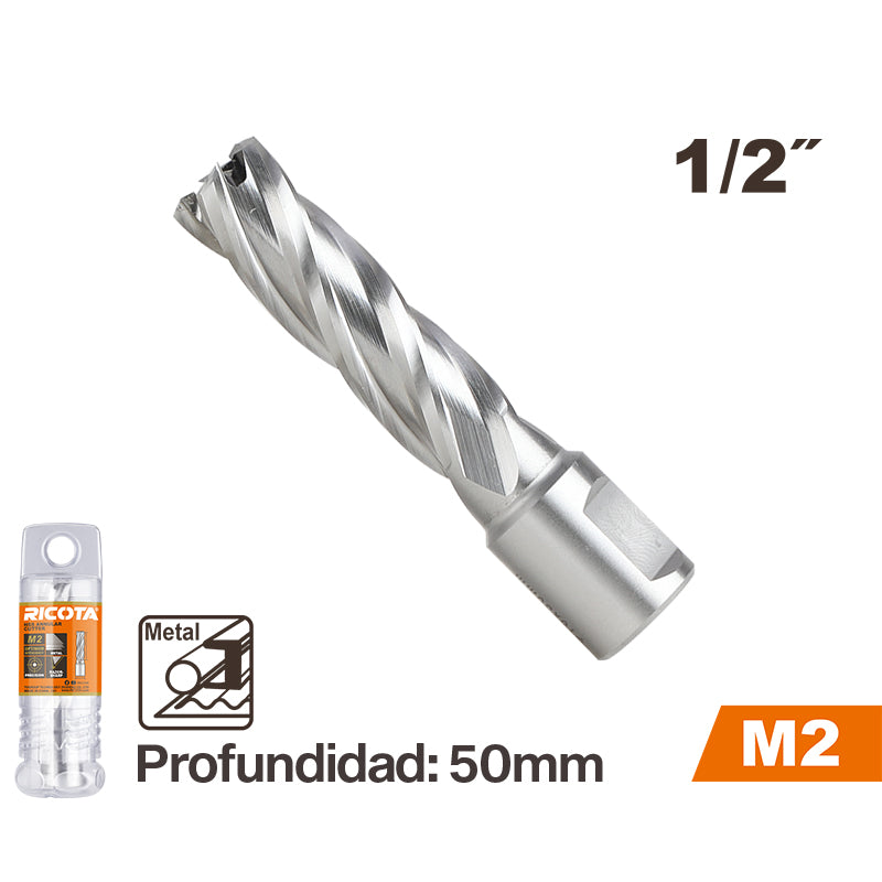 BROCA ANULAR PARA METAL HSS M2, 1/2 X 2 PLG, VASTAGO WELDON 3/4 PLG, RICOTA, URHAC0102