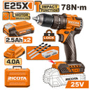 TALADRO PERCUTOR INALAMBRICO BRUSHLESS 25V, MANDRIL 1/2 Plgs, TORQUE 78 NM, INCLUYE 2 BATERIAS 2.5AH Y CARGADOR, RICOTA.