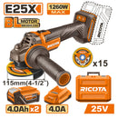 ESMERILADORA ANGULAR INALAMBRICA BRUSHLESS 25V, 10000 RPM, DISCO 4-1/2 PLG, INCLUYE 2 BATERIAS 4.0AH, CARGADOR . RICOTA.