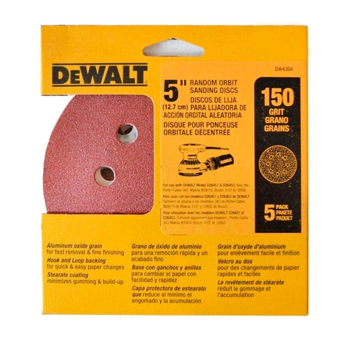 KIT DE 5 DISCOS DE LIJA DE 5", GRANO 150, TIPO VELCRO, DW4304 X, DEWALT, DW4304  X