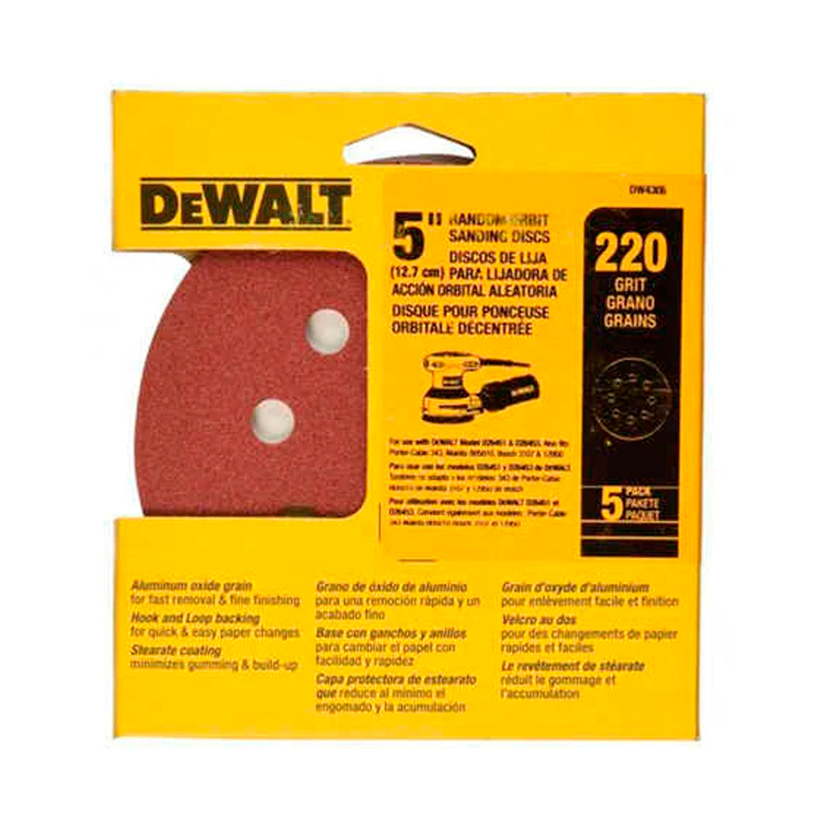 KIT DE 5 DISCOS DE LIJA DE 5", GRANO 220, TIPO VELCRO, DW4306 X, DEWALT, DW4306  X