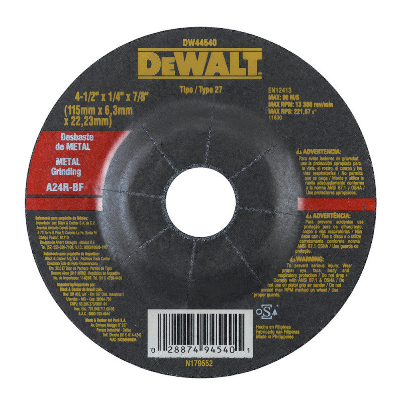 Disco para pulir metal de 4 ½ plg, centro realzado, Dewalt, dw44540-ph