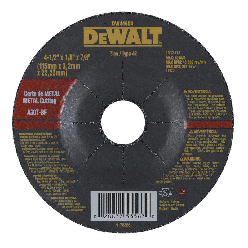 Disco para cortar metal de 4 ½ plg, centro realzado, Dewalt, dw44604-ph