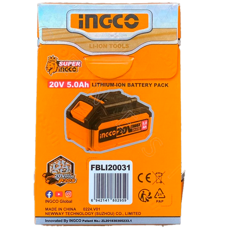 Batería de lithium de 5.0 amperios de 20 Voltios en marca INGCO, FBLI20031