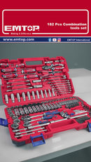 JUEGO DE HERRAMIENTAS PARA MECANICA 182 PIEZAS, DADOS, RATCHETS Y LLAVES COMBINADAS, CON MALETA. EMTOP