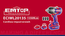 Llave de impacto inalámbrica de 3/4 plgs 1350 Nm con batería y cargador Emtop ECIWL201351