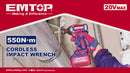 LLAVE DE IMPACTO INALAMBRICA 20V, 1/2 PLG, 550NM, MAS 172 PIEZAS PARA MECANICA, CON 2 BATERIAS 4 AH Y CARGADOR. EMTOP