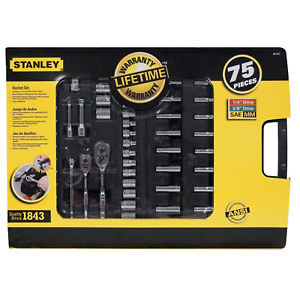 Juego de herramientas mecánicas (copas, extensiones, ratchets), 75 piezas, Stanley, 96-010