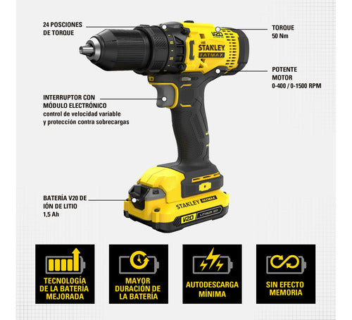 BARRENO ATORNILLADOR INALAMBRICO DE 20 VOLTIOS, MANDRIL DE 1/2", SCD700C2K-B3, STANLEY