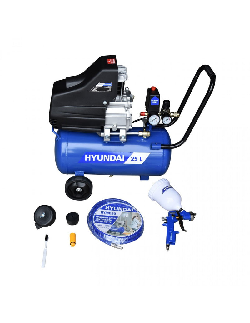 COMPRESOR DE 25 LTS, 2.5 HP, 115 PSI, 110 V, CON KIT DE MANGUERA Y PISTOLA, HYUNDAI , HYAC25K