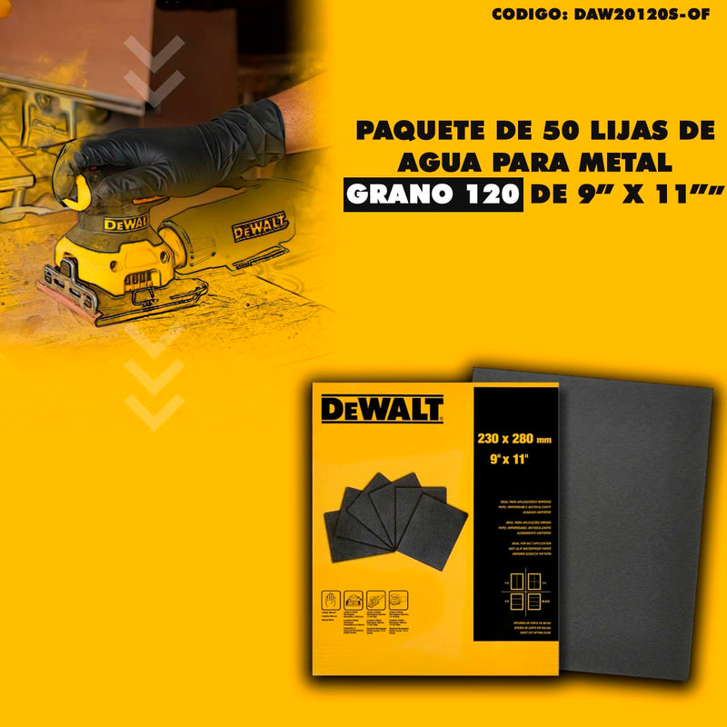 PAQUETE DE 50 PLIEGOS DE LIJA DE AGUA, PARA METAL, GRANO 120, 9 PULG X 11 PULG. MARCA DEWALT