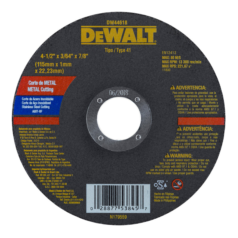 Disco para cortar metal acero inox de 4 ½ plgs, centro plano, Dewalt, dw44618