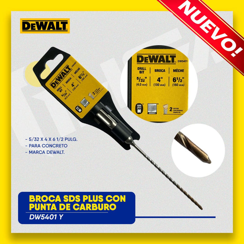 BROCA SDS PLUS CON PUNTA DE CARBURO, 5/32 X 4 X 6 1/2 PULGADAS, PARA CONCRETO. MARCA DEWALT