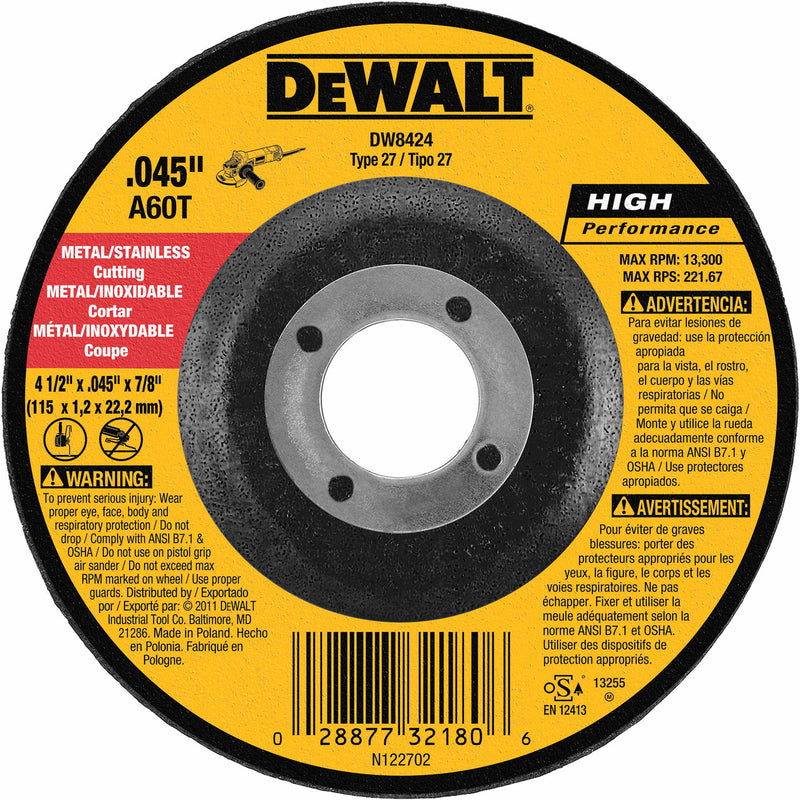 Disco para cortar metal acero inox de 4 ½ plg, centro realzado, Dewalt, dw8424