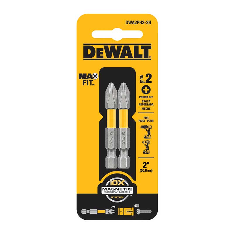 Juego de puntas para atornillar Phillips No. 2 x 2 plgs, 2 piezas, Tough Grip, Dewalt, dwa2ph2-2l