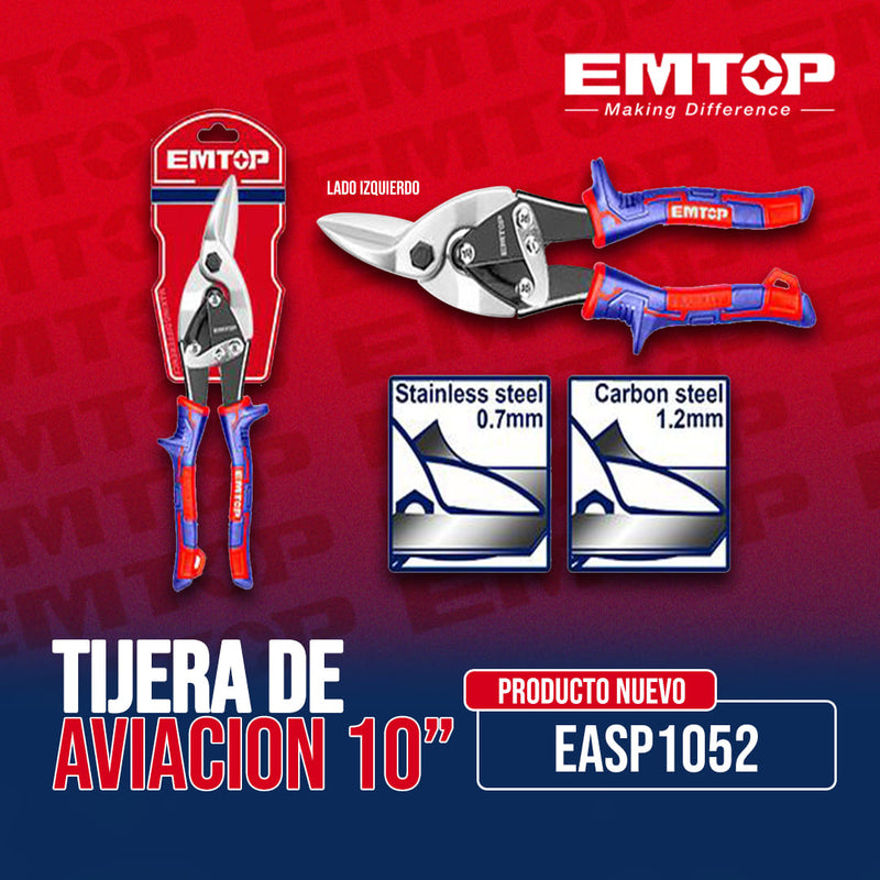 TIJERA DE AVIACION IZQUIERDA, 10 PULGADAS, MANGO SUAVE, MARCA EMTOP.