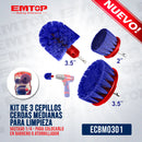 KIT DE 3 CEPILLOS CERDAS MEDIANAS PARA LIMPIEZA CON VASTAGO 1/4 PARA COLOCARLO EN BARRENO O ATORNILLADOR. EMTOP
