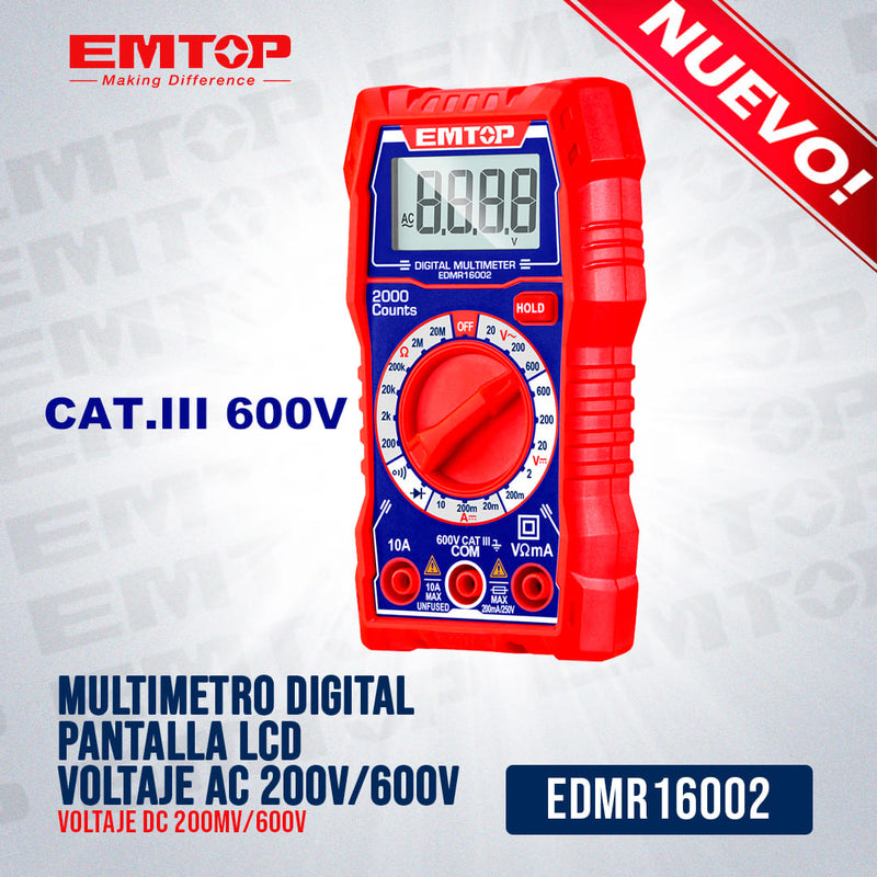 MULTIMETRO DIGITAL PANTALLA LCD, VOLTAJE AC 200V/600V, VOLTAJE DC 200MV/600V. MARCA EMTOP