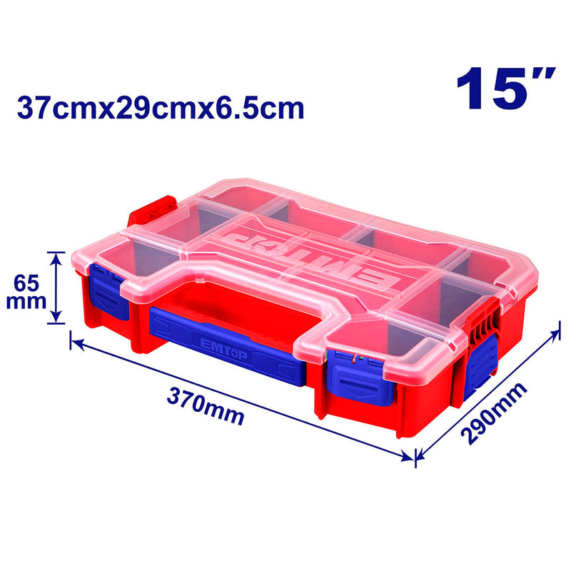 CAJA ORGANIZADORA CON DIVISIONES DE 15 PULGADAS, SE PUEDE APILAR UNA CON OTRA. MARCA EMTOP