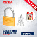 CANDADO DE LATON DE 40 MILIMETROS, INCLUYE 3 LLAVES. MARCA EMTOP