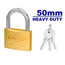 CANDADO DE LATON MACIZO, RESISTENTE 50 MILIMETROS ,PESO 270 GRAMOS, INCLUYE 3 LLAVES. MARCA EMTOP