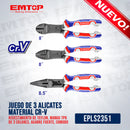 JUEGO DE 3 ALICATES, MATERIAL CR-V, REVESTIMIENTO DE TEFLON, MANGO TPR DE 3 COLORES AGARRE FUERTE, COMODO. EMTOP