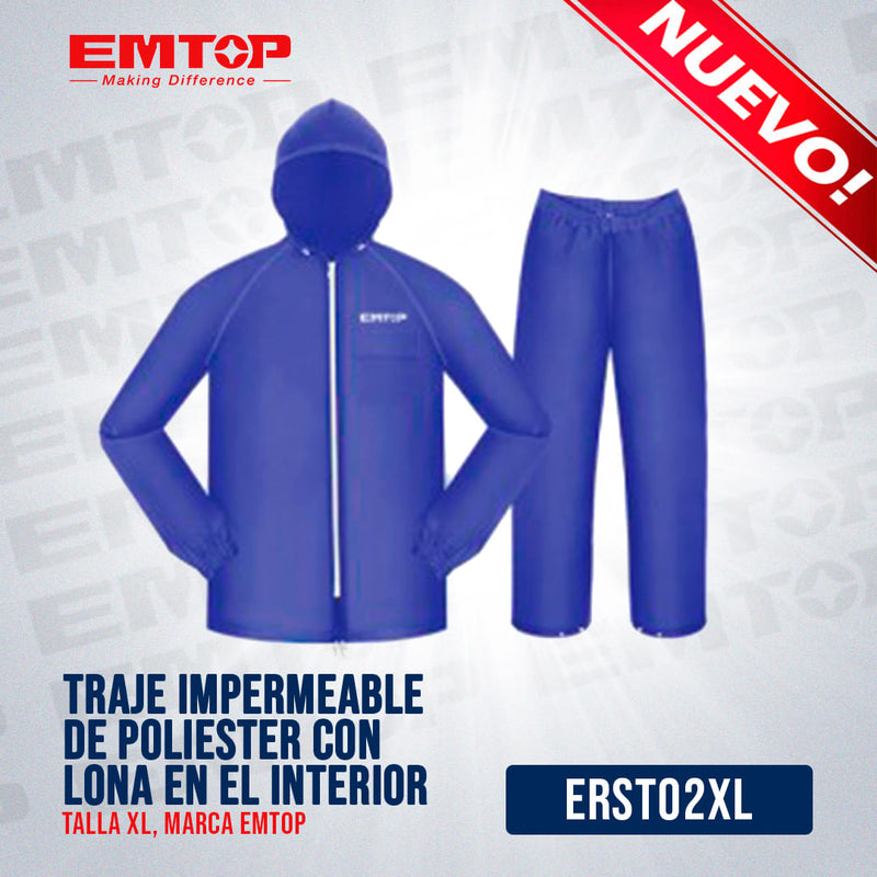 TRAJE IMPERMEABLE DE POLIESTER CON LONA EN EL INTERIOR, TALLA XL. MARCA EMTOP