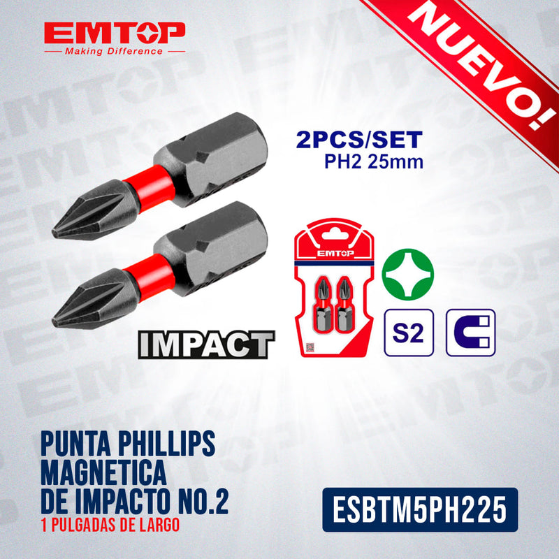 PUNTA PHILLIPS MAGNETICA DE IMPACTO No.2, 1 PULGADAS DE LARGO. MARCA EMTOP