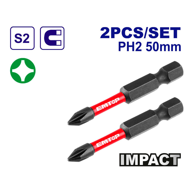 SET DE 2 PUNTAS DE IMPACTO PHILLIPS NO.2 X 2 PULGADAS DE LARGO. MARCA EMTOP