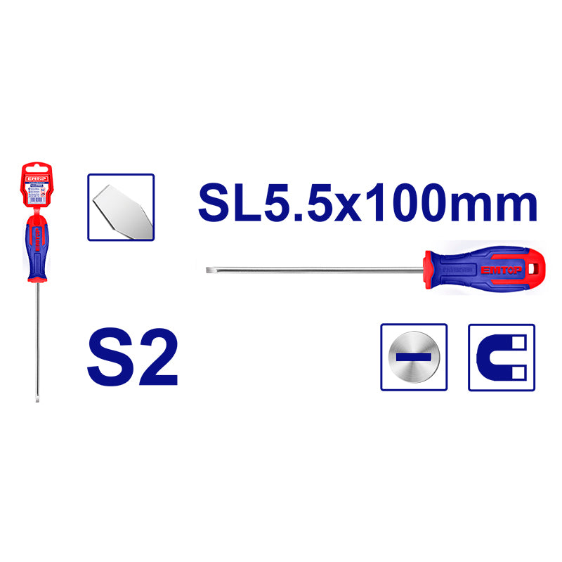 Desarmador plano, 1/5 plgs x 4 plgs, vástago redondo, Emtop, esdrsl5402