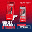 JUEGO DE 5 EXTRACTORES DE TORNILLOS, MEDIDA DE No.1 AL No.5, CON CAJA PLASTICA. MARCA EMTOP