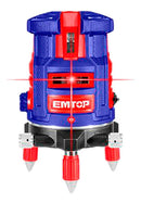 NIVEL LASER, LINEAS HORIZONTAL Y VERTICAL, LUZ ROJA, RANGO 30 METROS, BATERIAS INCLUIDAS . MARCA EMTOP