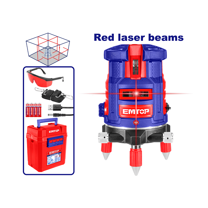 NIVEL LASER, LINEAS HORIZONTAL Y VERTICAL, LUZ ROJA, RANGO 30 METROS, BATERIAS INCLUIDAS . MARCA EMTOP