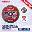 DISCO DE SIERRA, 7-1/4, EJE DE 20 MM CON REDUCTOR A 16 MM, 40 DIENTES DE CARBURO, PARA MADERA. MARCA EMTOP