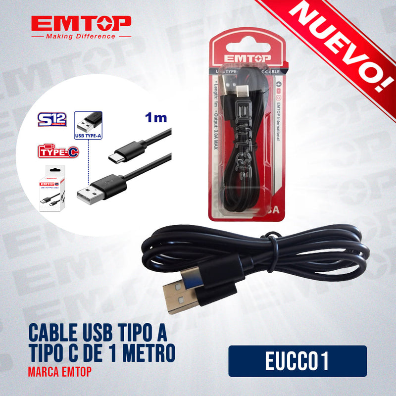 CABLE USB TIPO A TIPO C DE 1 METRO DE LARGO. MARCA EMTOP